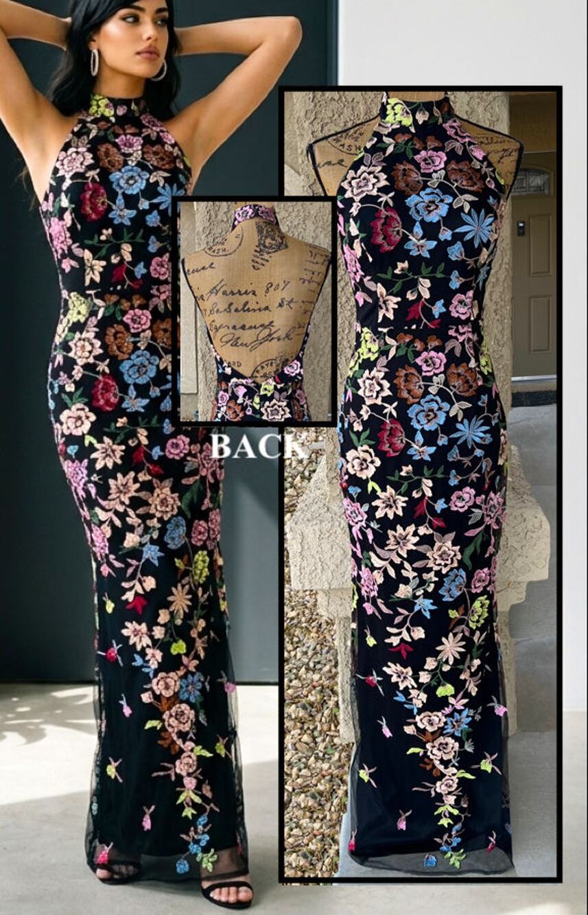 Lulus Black 3D Stand Out Floral Embroidered Halter Infinite Praise Maxi Dress XL